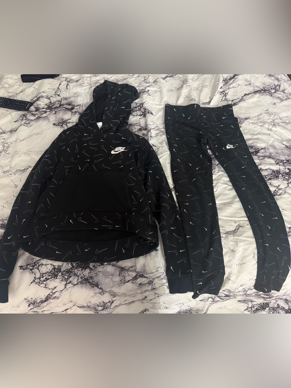 Nike Black Leggings And Sweatshirt with White Swoosh Print-Big Girls